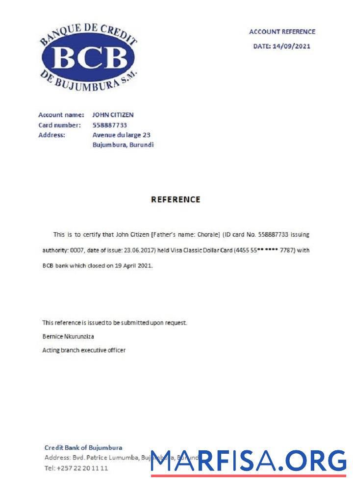 Blank Burundi Creditbank closure reference sample